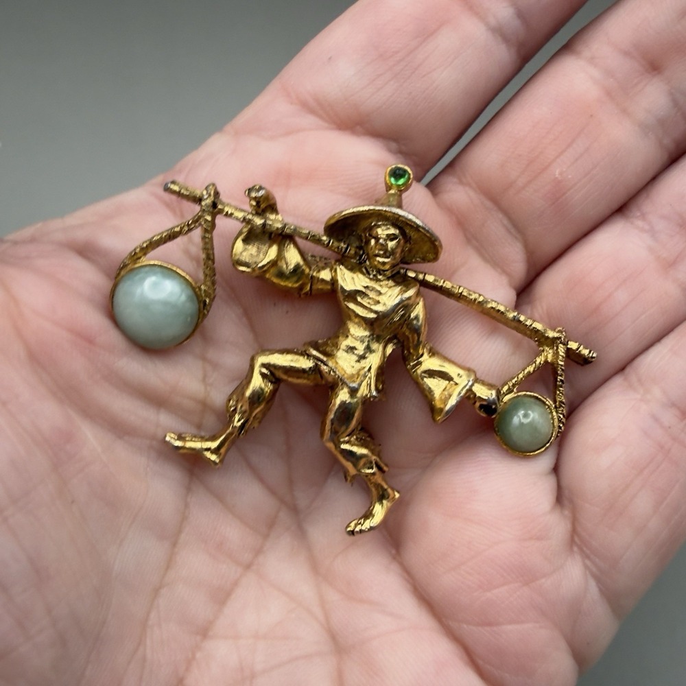 Oleg Cassini Brooch Asian Man Water Carrier Gold Tone Green Cabochon Figural Pin